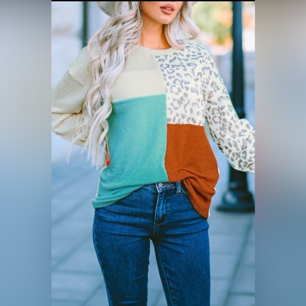 New Leopard Patchwork Color Block Ribbed Long Sleeve Top Size Large